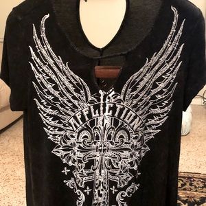 Affliction top, black with white design. XL